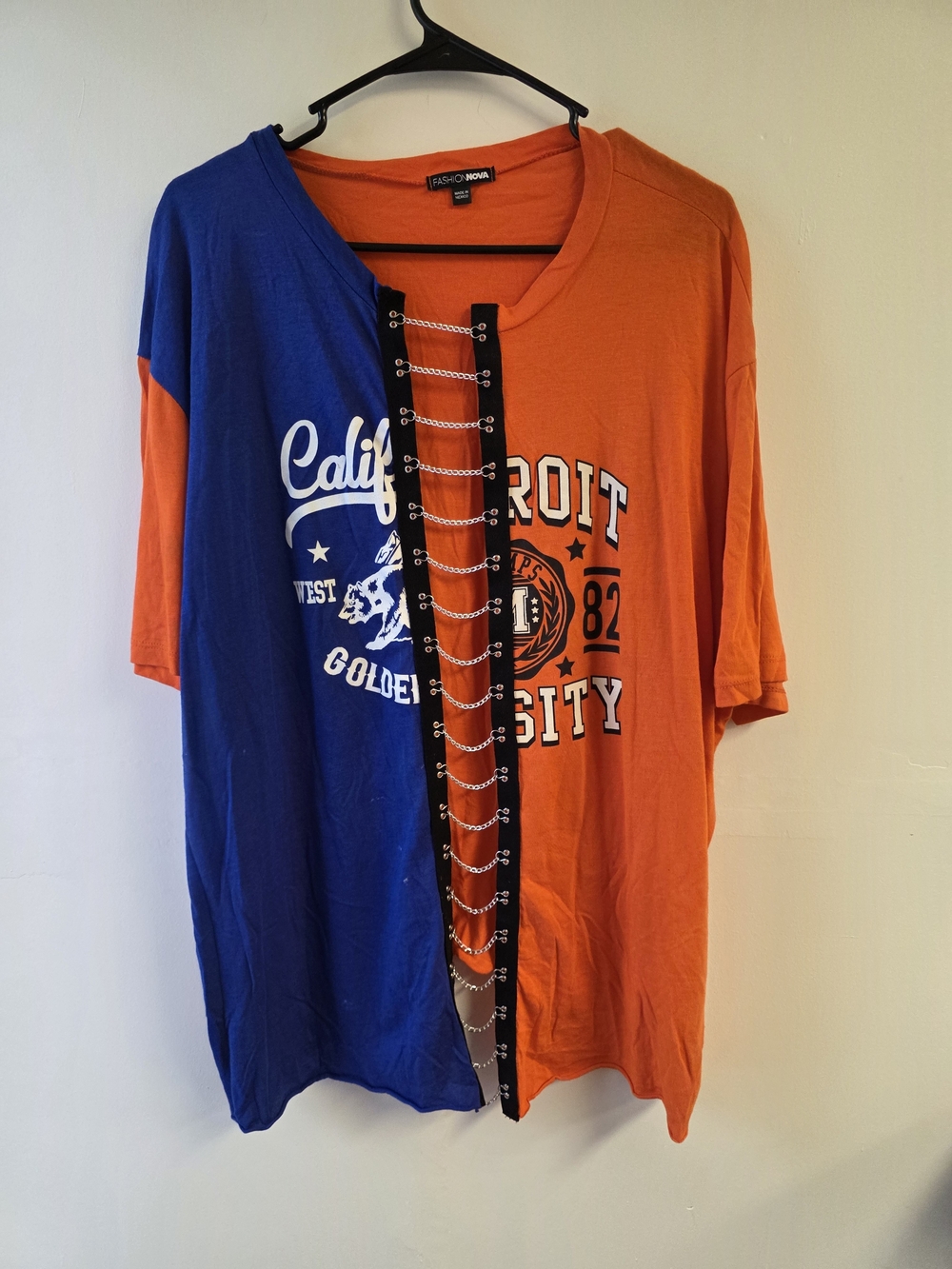 Fashion Nova Blue & Orange Lace-Up Colorblock Tee